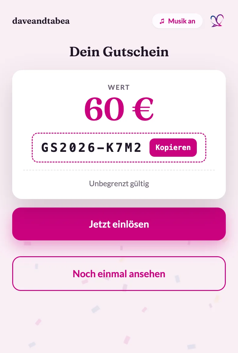 Geschenk-Seite auf dem Handy: freigerubbelter Gutschein mit Wert, Code und Gültigkeit